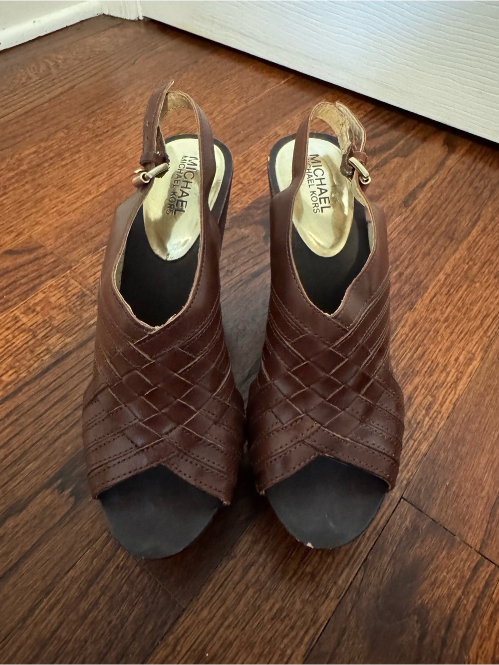 Michael Kors Brown Woven Leather Slingback Mules